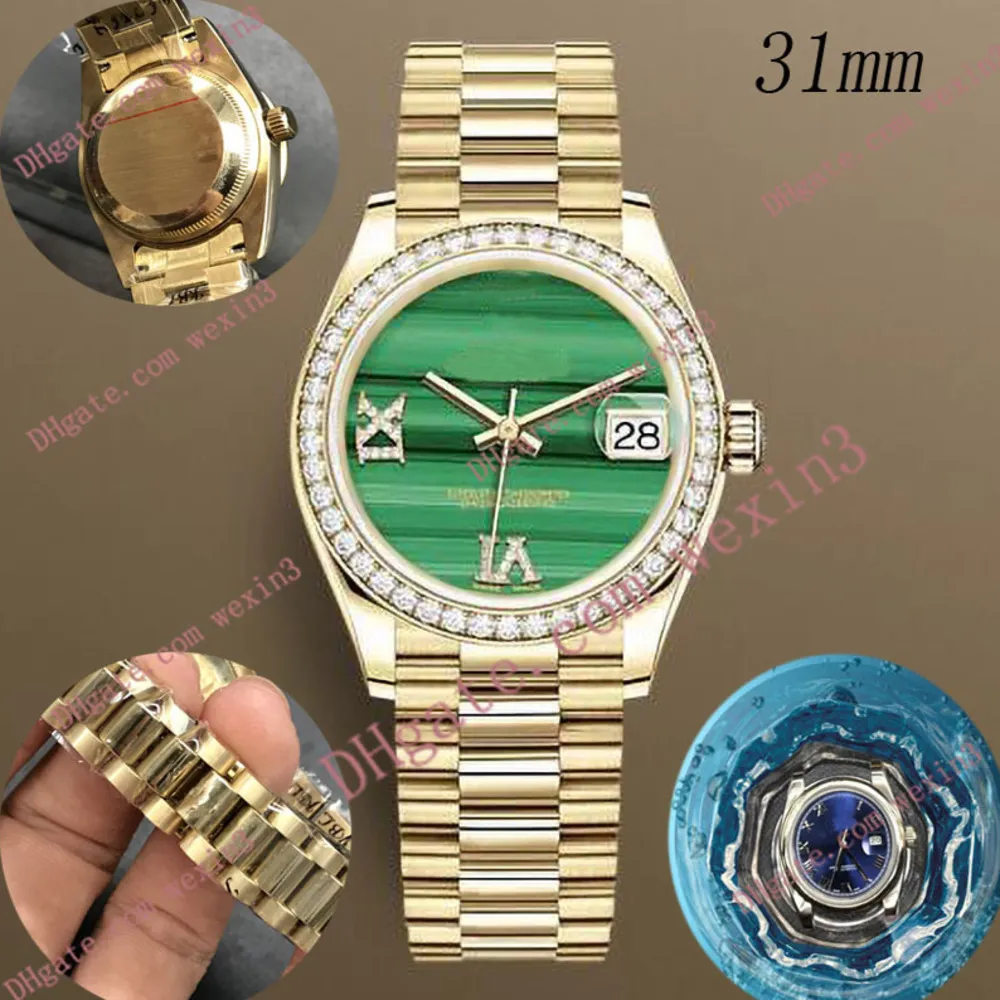 Montre femme de luxe 31 mm Mécanique automatique cadre en diamant bracelet présidents cadran rayé vert montre de luxe 2813 acier Waterp326W