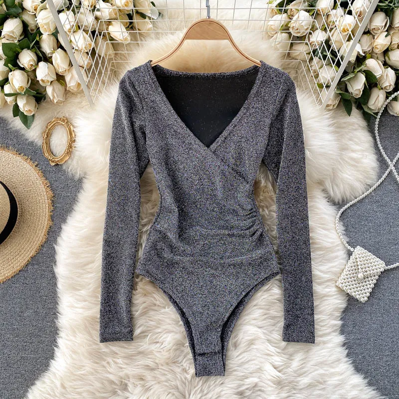 SINGREINY Casual Fitness Shiny Rompers Women Bodysuit Long Sleeve Regular Jumpsuit Women Fashion Streetwear Outfits Overalls 210419