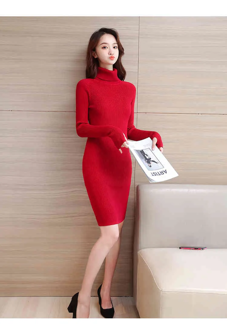 韓国のセータードレスファッション女性ニットエレガントなタートルネックセーターニットプラスサイズの冬ES 210427