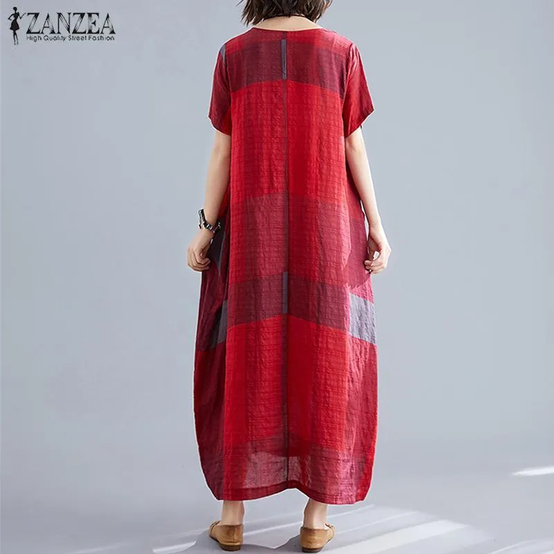 Zanzea mode kvinna kontrollera sundress sommar klänning kortärmad maxi vestidos kvinnlig avslappnad klänning plus storlek o nacke plaid robe x0521