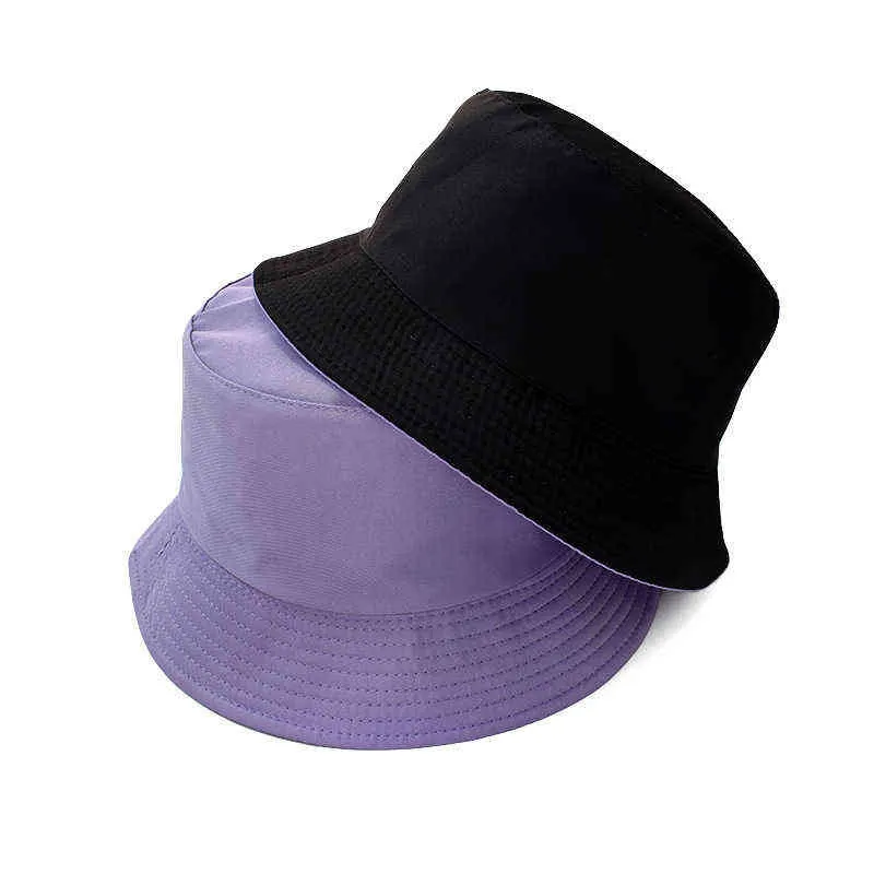 ブラックソリッドバケツ帽子2サイドウェアユニセックスシンプルボブキャップヒップホップゴロス男性女性パナマキャップビーチフィッシングブーニーサンハットY22030301