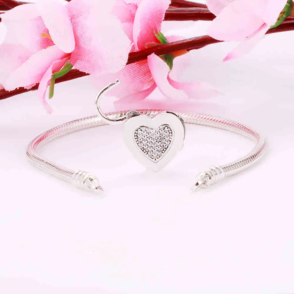 2021 925 Sterling Silver bracelet Heart Lock Bracelet for charm diy jewelry women gift