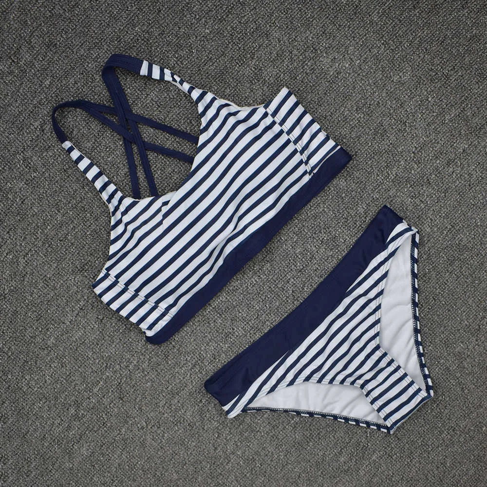 Women Striped Two Piece Bikinis Sports Swimwear Halter Vest Swimsuit Sexy Bikini Set Summer Beach Bathing Suit Beachwear S~2XL 210629