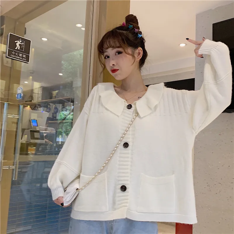 ホワイトカワイイMujer Chaqueta秋の緩い女の子日本風実のカーディガンポケット甘い女性のセーター17877 210415