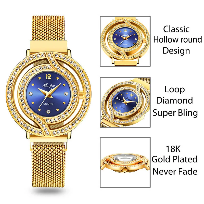 MISSFOX magnétique marque de luxe étanche diamant femmes es creux bleu Quartz élégant or dames montre-bracelet