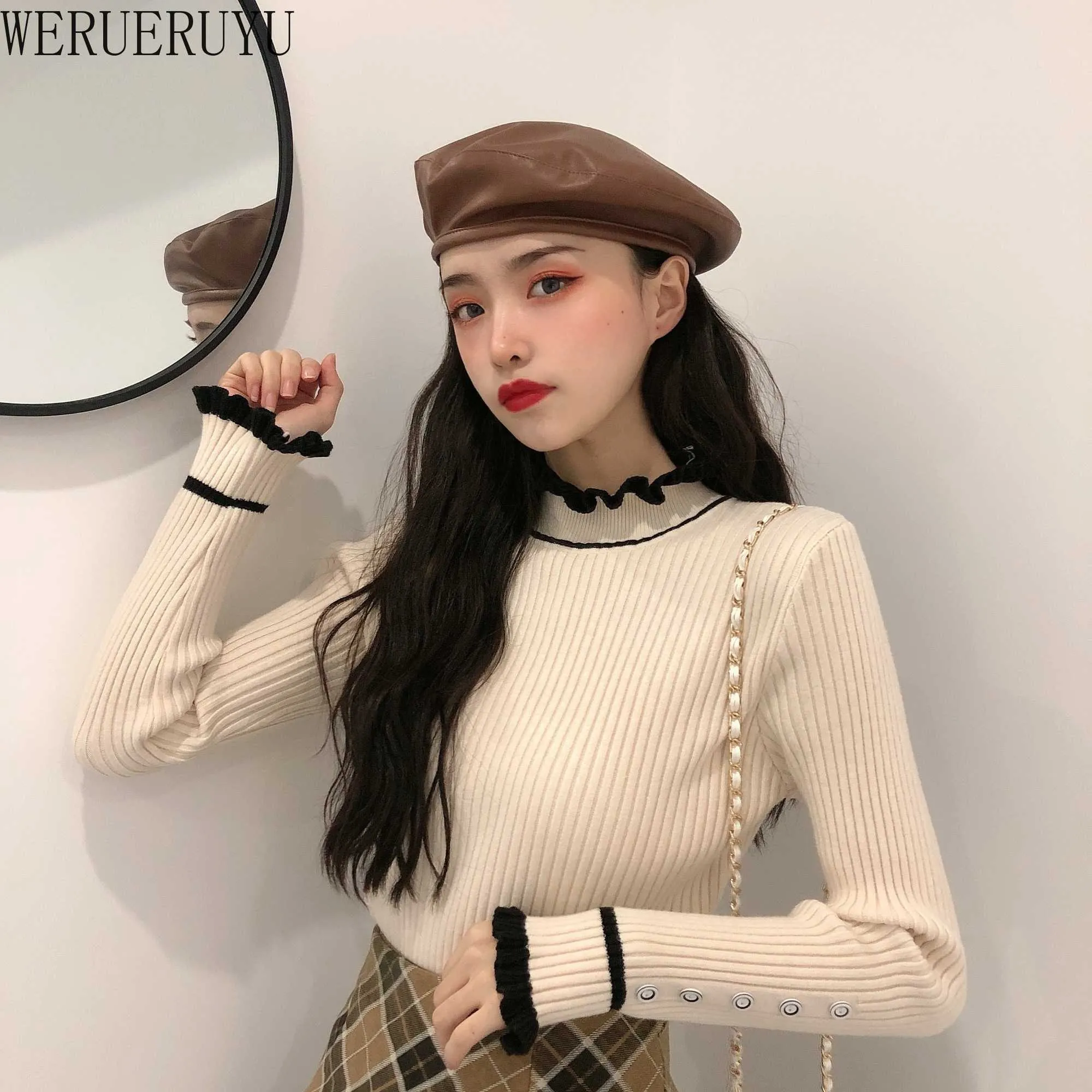 WERUERUYU Knitted Sweater womens autumn winter long-sleeved inner slim the bottoming shirt half high neck pullover sweater Solid 210608