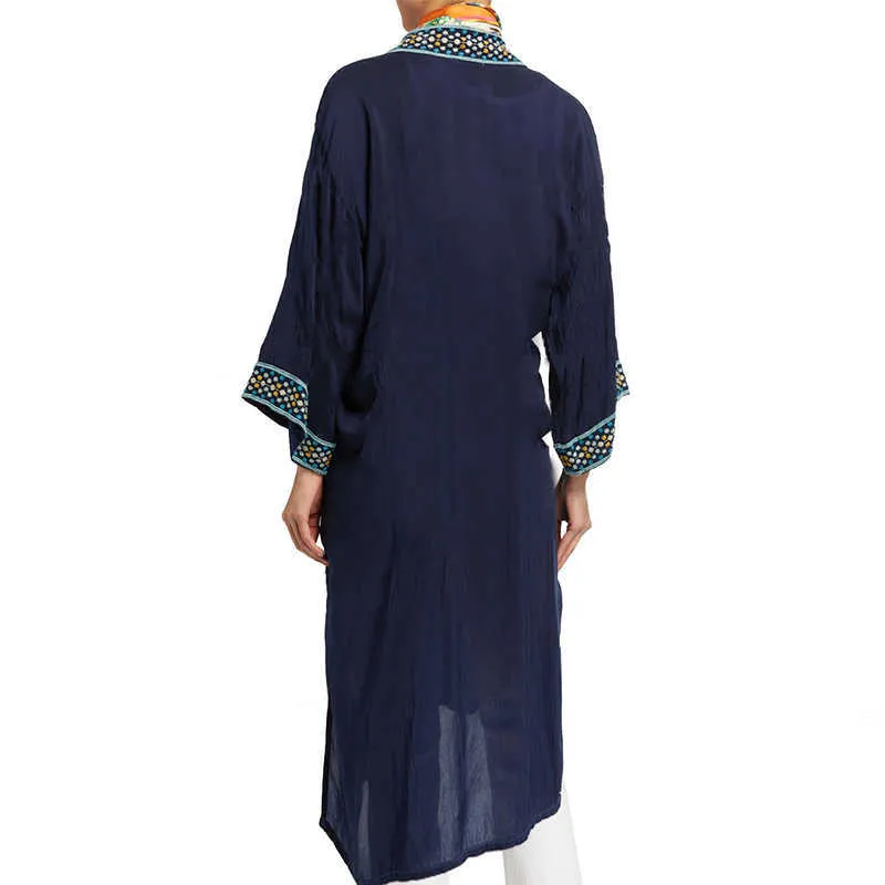 Kwiatowy Haftowany Front Open Długi Kimono Cardigan Plus Size Navy Blue Tunic Kobiety Topy i Bluzki Koszule Q11 210722