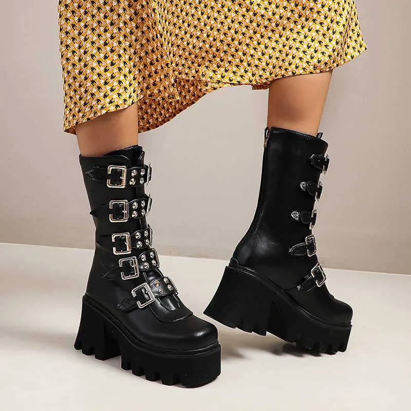 Winter Gothic Punk Womens Platform Boots Black Buckle Strap Zipper Creeper Wedges Shoes Mid Calf Military Combat Boots Women Y0914