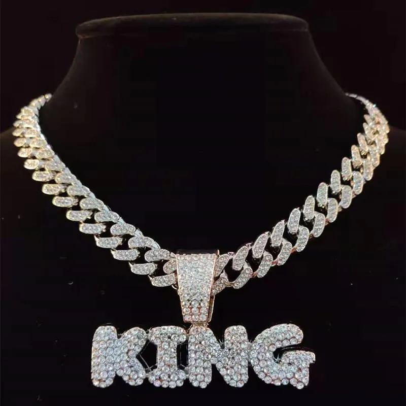 Men Hip Hop King Letters Pendants Collier avec 13 mm Miami Cubain Chaîne Iced Out Bling Hiphop Colliers Male Bijoux Male 2261