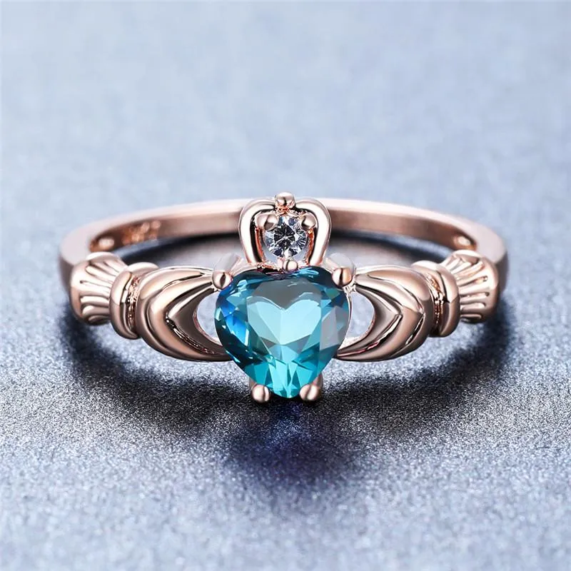 Cluster Ringen Blauw Groen Kristal Zirkoon Hart Claddagh Voor Vrouwen Bruiloft Mode-sieraden Rose Goud Regenboog Steen Engagement Promis292Y