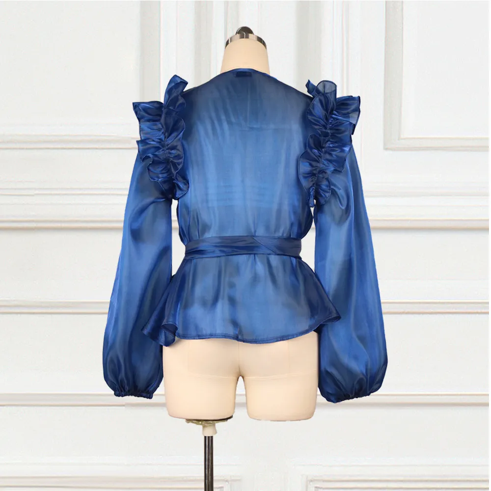 Women Sexy See Through Blouse V Neck Tops Lantern Sleeve Navy Blue Transparent Waist Belt Spring Summer Shirt Elegant Blusa 210416