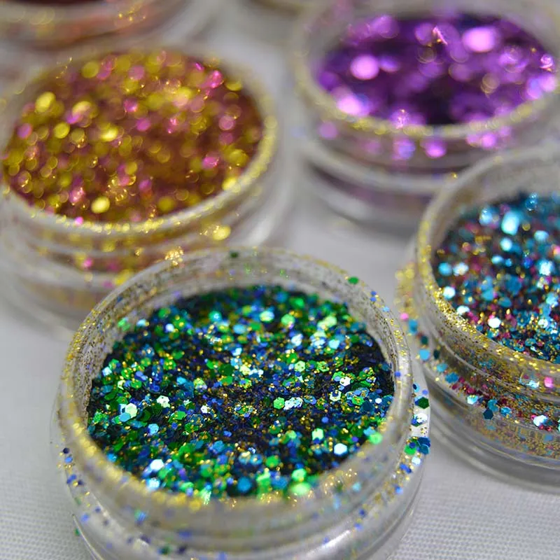 Mezclar colores de polvo de colores de brillo para uñas Arte UV Gel Polaco Decoración de diseño de bricolaje es/lote con estuche