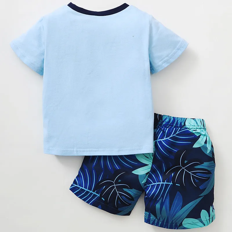 Kids Cotton Clothes Summer Boy Cartoon T-shirt + Leaf Shorts Beach Holiday Style Printing Children's Set 210515