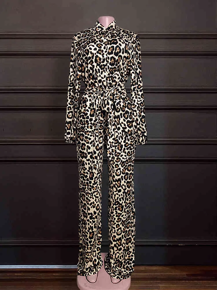 Женские комбинезоны с длинными рукавами Леопардовый напечатанный напечатанный с поясным поясом мода повседневная женский ползунок Playsuits африканские дамы 210416