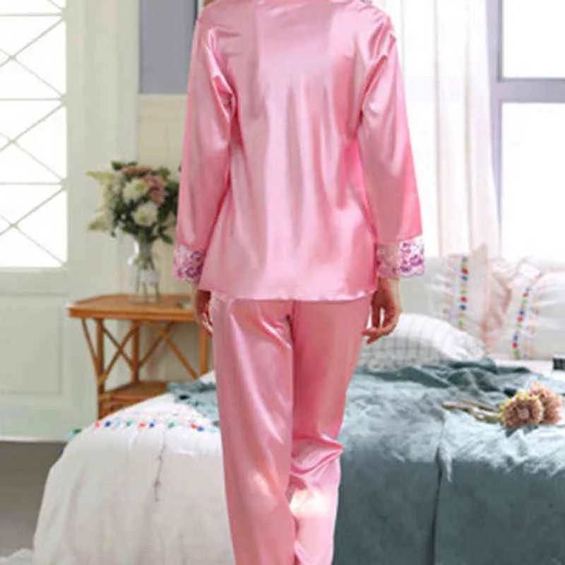 2 pièces automne femmes vêtements de nuit fausse soie satin pyjamas ensemble à manches longues costume femme homewear 211215