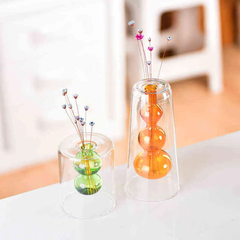 Vase Home Decor Conteneur en verre Salon Décoration Hydroponique Arrangement de fleurs Art Couleur Pot Double 211215