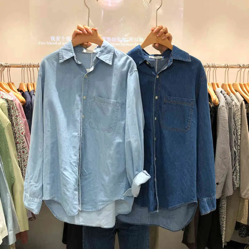 Spring Simple Lmitation Denim Blouse Womens Buttoned Shirts Soft All Match Blusas Mujer Long Sleeve Ladies Tops 210514