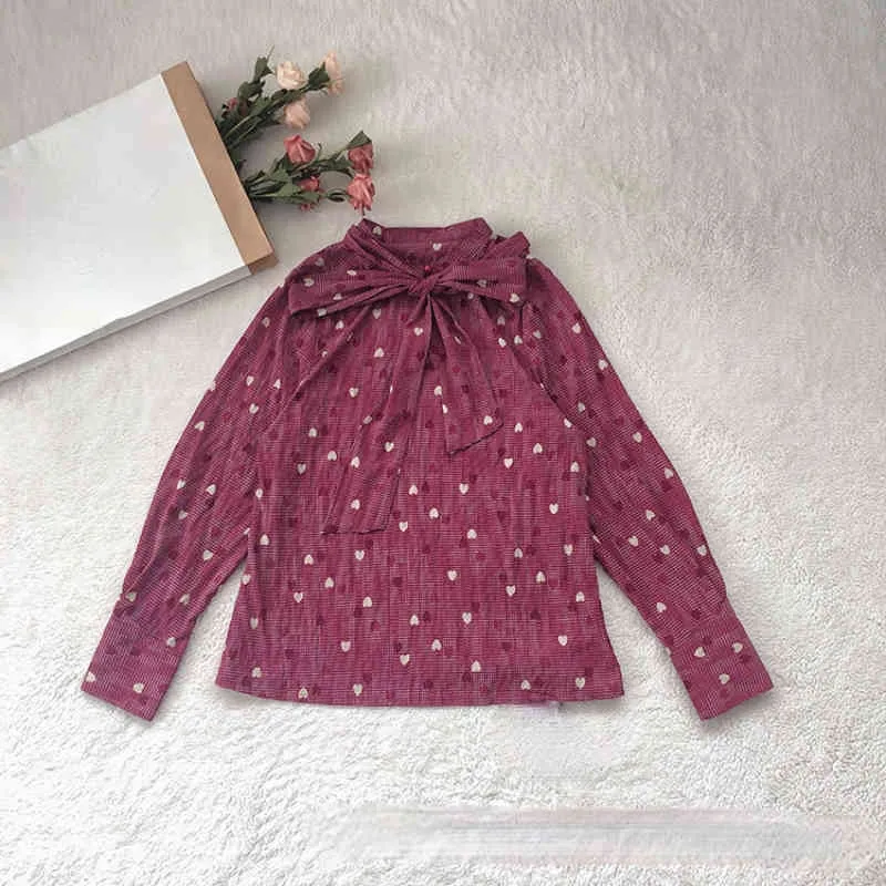 Japan Style Spring Sweet Heart Print Women Sets Belt Bow Long Sleeve Blouse + Empire Slim A-line Pleated Skirts 210514