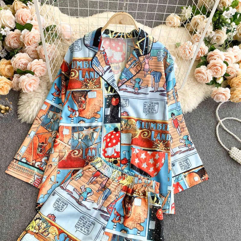 Летняя мода темперамент Cartton Print Pajamas стиль костюма женская печать двух частей UK961 210507