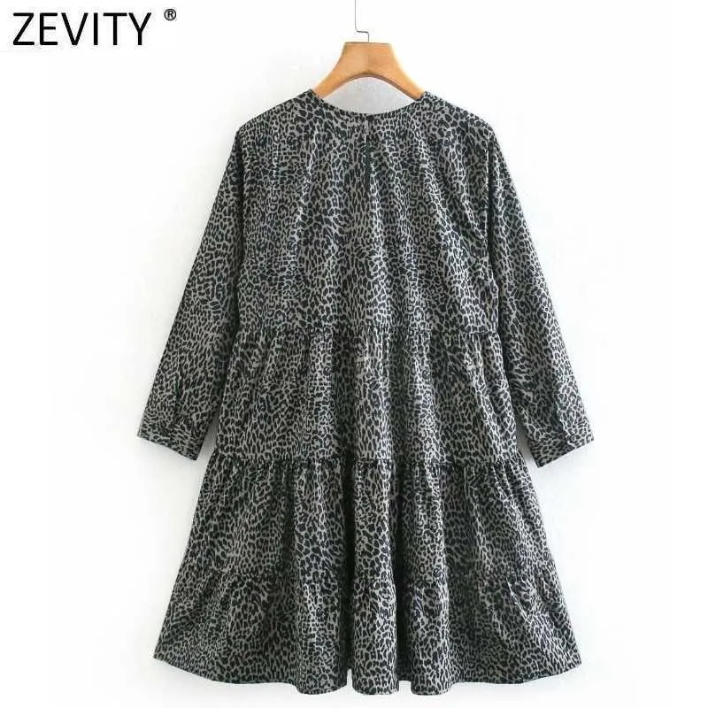 Zevity Women Vintage O Neck Leopard Print Pleats Casual Mini Dress Femme Retro Three Quarter Sleeve Chic Vestido DS4887 210603