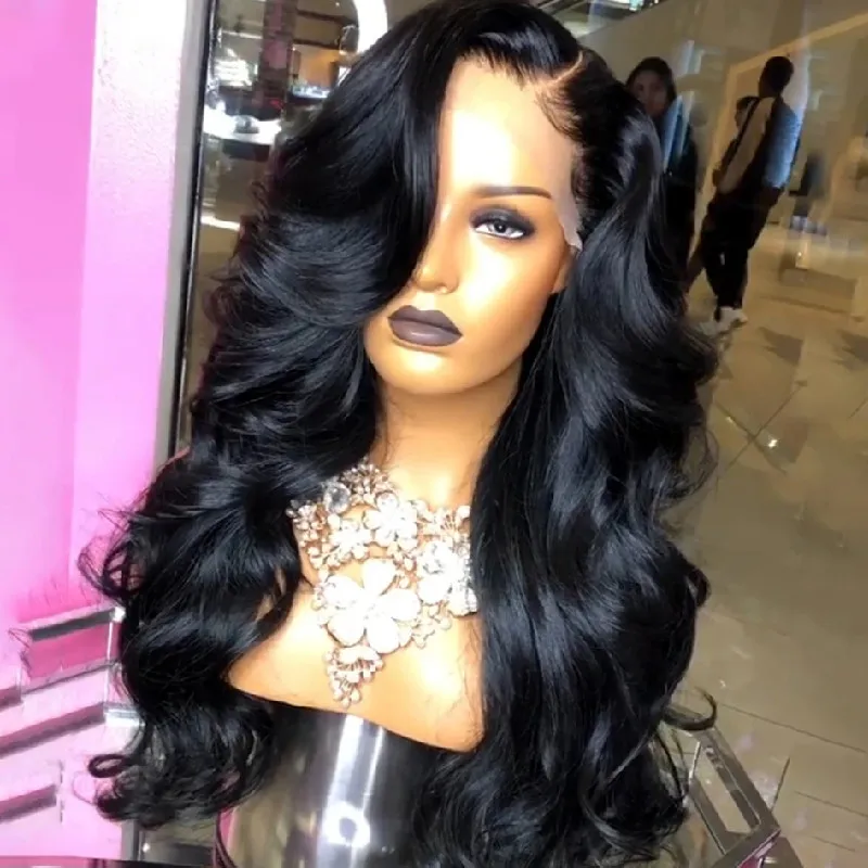 Parte a jato preto Black Synthetic Lace Frontal Wigs com linha fina natural de 24 polegadas de longa peruca de renda de ondas corpora