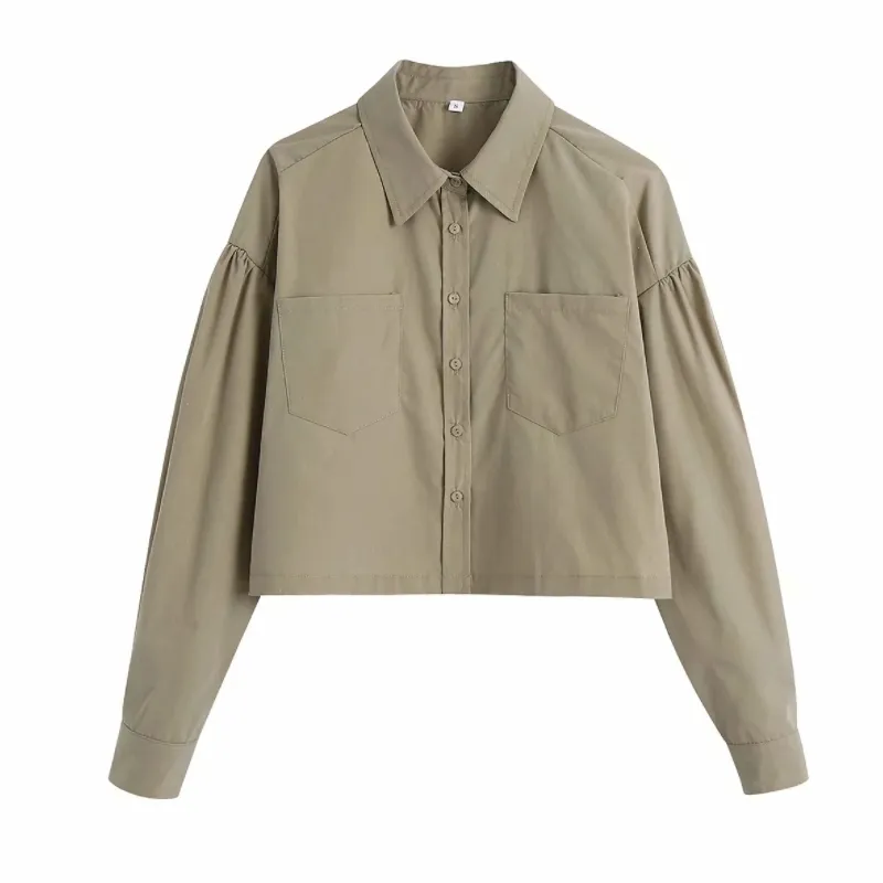 Fashion Women Long Sleeve Khaki Short Shirt Female Turndown Collar Blouse Casual Lady Loose Tops Blusas S8811 210430