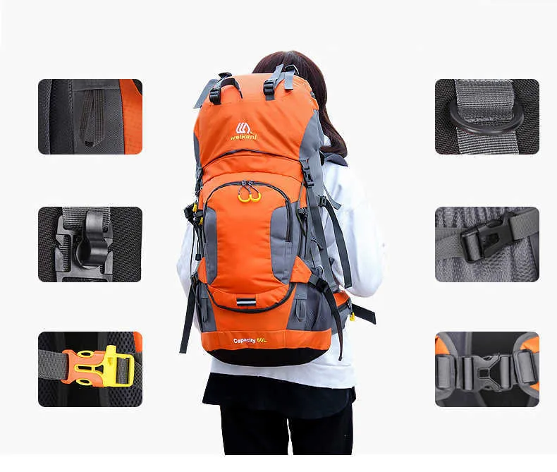 バックパッキングパック屋外登山旅行バッグ60Lキャンプパッケージナイトリフレクティブデザインナイロン防水耐摩耗性ハイキングバックパックP230510