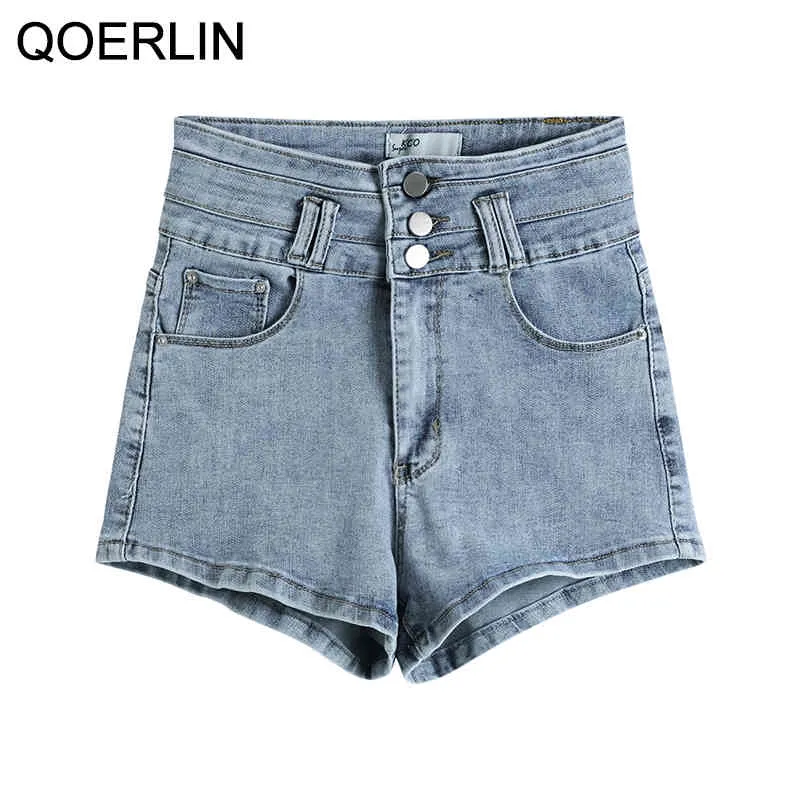 Qoerlin 2xl vintage denim şort yaz yüksek bel ince şort tek göğüslü düğme cep streç seksi mavi kot pantolon 210412