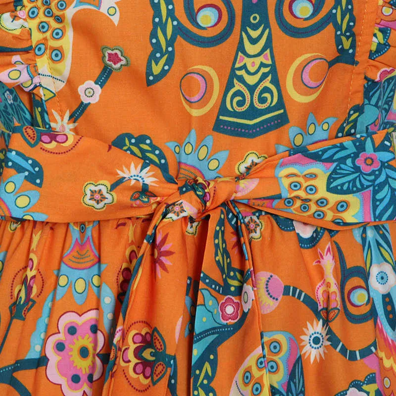 Fabpopカジュアルオレンジ色の花柄レースアップドレス女性Vネックノースリーブハイウエストスリムミニドレス女性GB374 210709