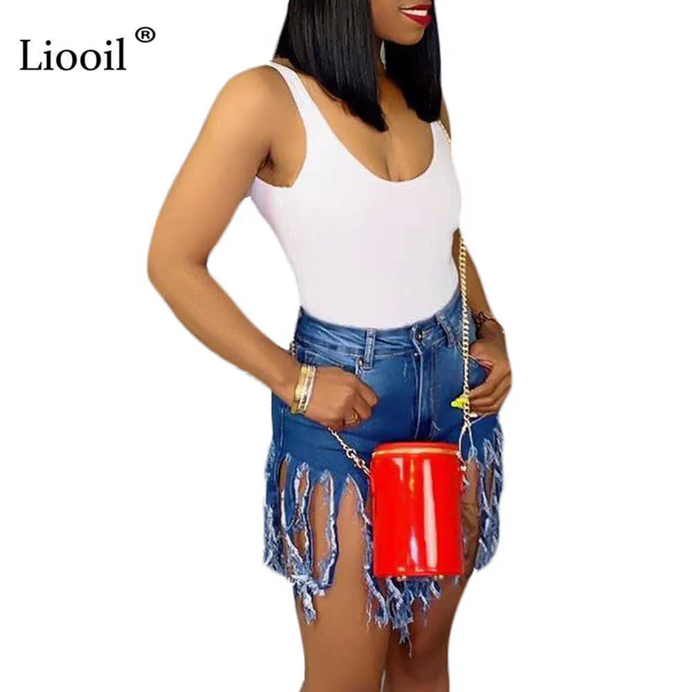 Liooil Neon Tassel Jeans Shorts Kvinnor Sommar Elastisk Hög midja Bomull Jean Short Plus Size Sexig Denim Club 210719
