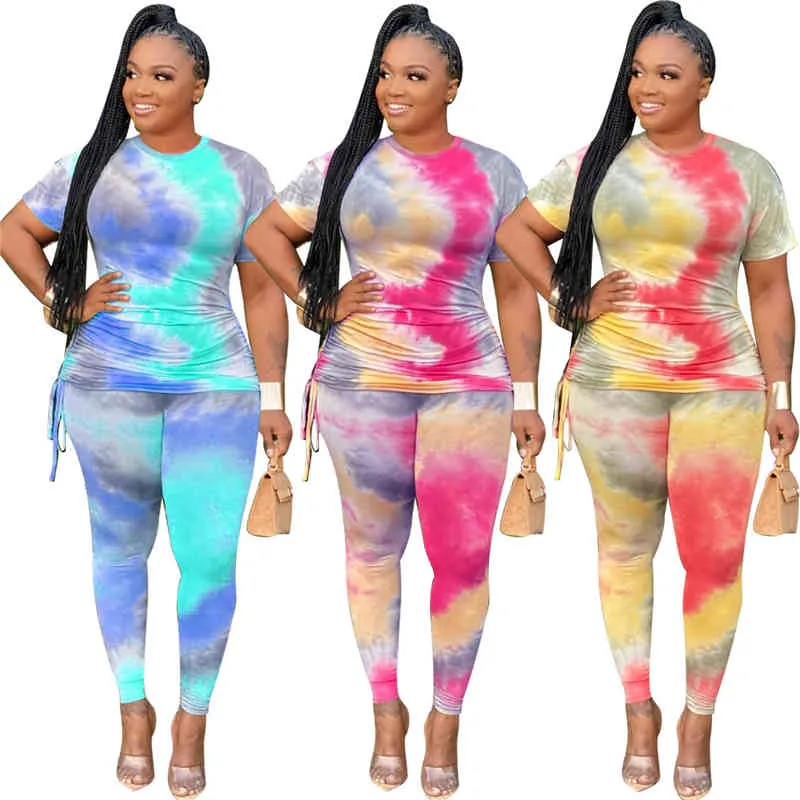 Summer Sweat Suits Wholesale Clothing Women Sets Short Sleeve Top and Pants Tie Dye Set Women Plus Size Outfits Dropshipping X0428