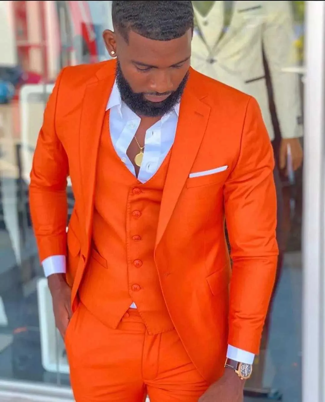 Bright Orange Notch Lapel Men Suits Costume Homme Wedding Dress Tuxedos Terno Masculino Slim Fit Groom Prom Party Blazer X0909