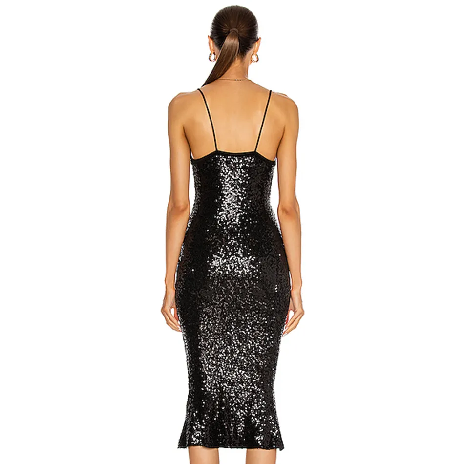 Women Black Sequin Spaghetti Strap Summer Dress Sexy V Neck Sleeveless Mermaid Midi Celebrity Party Lady Sundress 210423