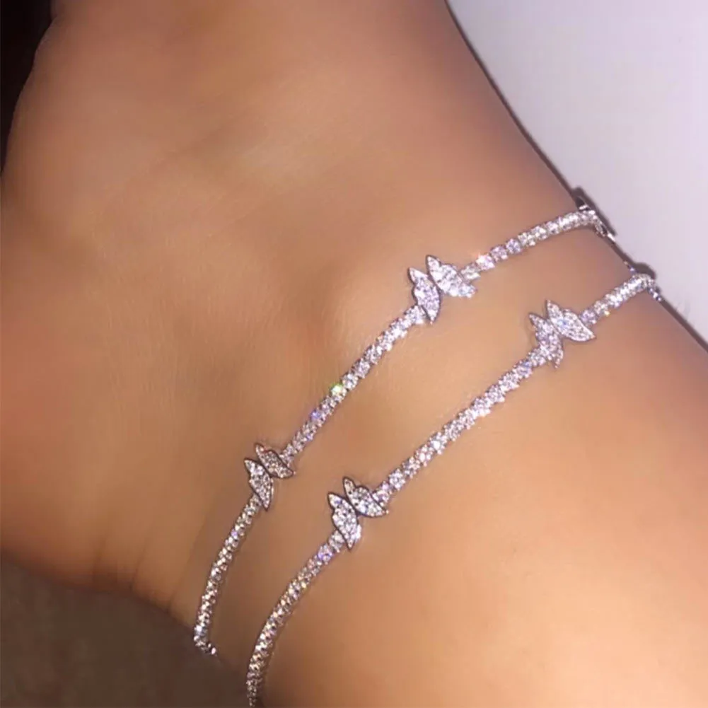 Trendy Shining Cute Butterfly Crystal Tennis Anklet for Women Gold Silver Color Boho Sandals Rhinestone Foot Ankle Chain Jewelry282V