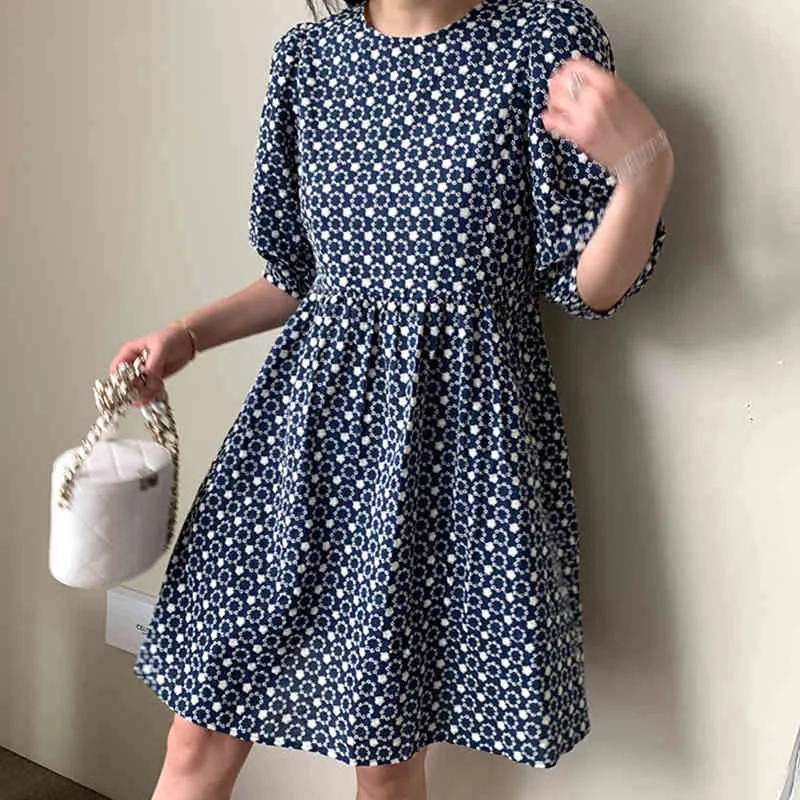 Corée Chic mode décontracté col rond broderie taille haute lâche bulle courte bleu manches robe femmes été 16W1396 210510