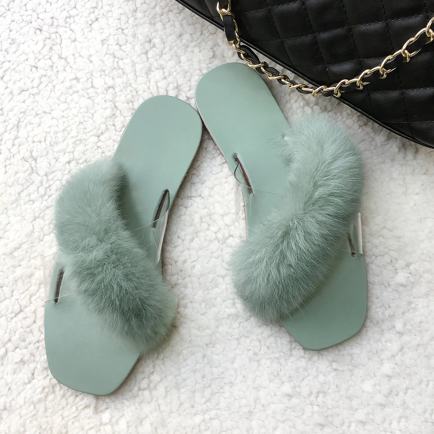 Fluffy Flip Flops Real Rabbit Fur Slippers Furry Fur Slides Cross Strap Transparent Flat Sandals Square Toe Fashion Shoes Women Y0406