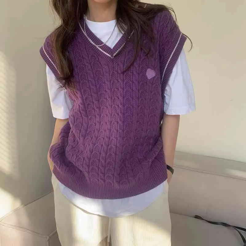 Purple Embroidery Hearts Vest Retro Loose Vintage Women's V-neck Pullover Streetwear Knitted Sweater Tops 210421