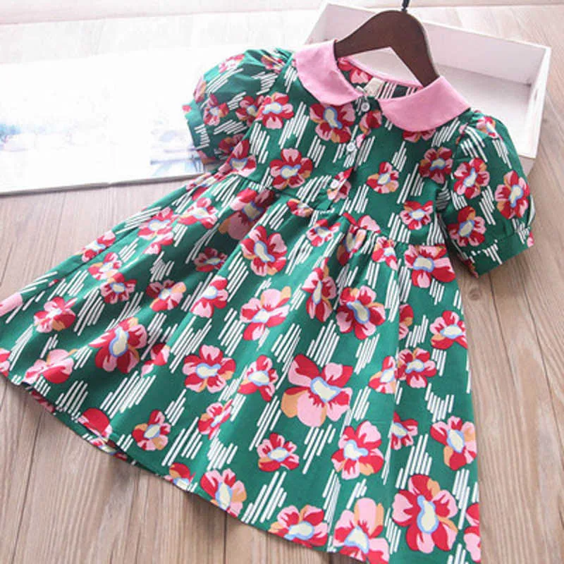 Girls Dress Summer Puff-Sleeve Doll Collar Floarl Printed Princess Toddler Kids Clothes 210611