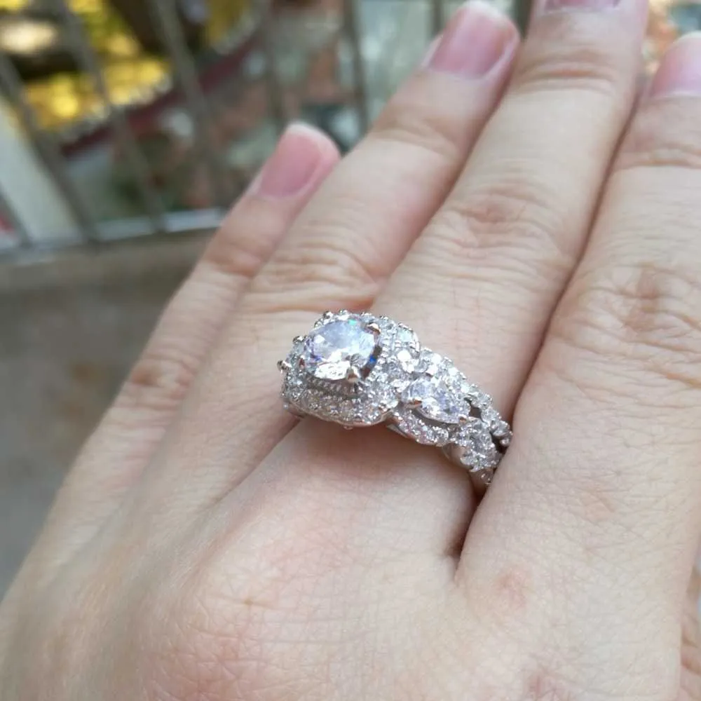 She 2 piezas Halo 925 anillos de boda de plata esterlina para mujeres 1/5 Ct corte de pera redonda AAAA CZ joyería clásica conjunto de anillos de compromiso 21061290S