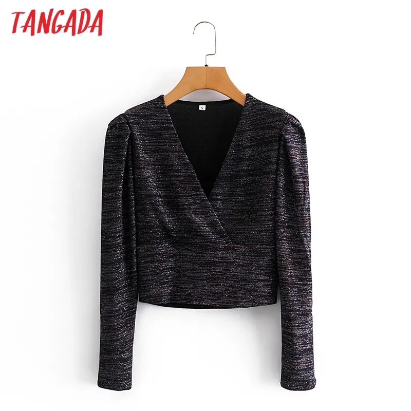 Mujeres Retro Silver Yarn Crop Manga larga Chic Mujer Sexy Slim Shirt Tops 3A111 210416