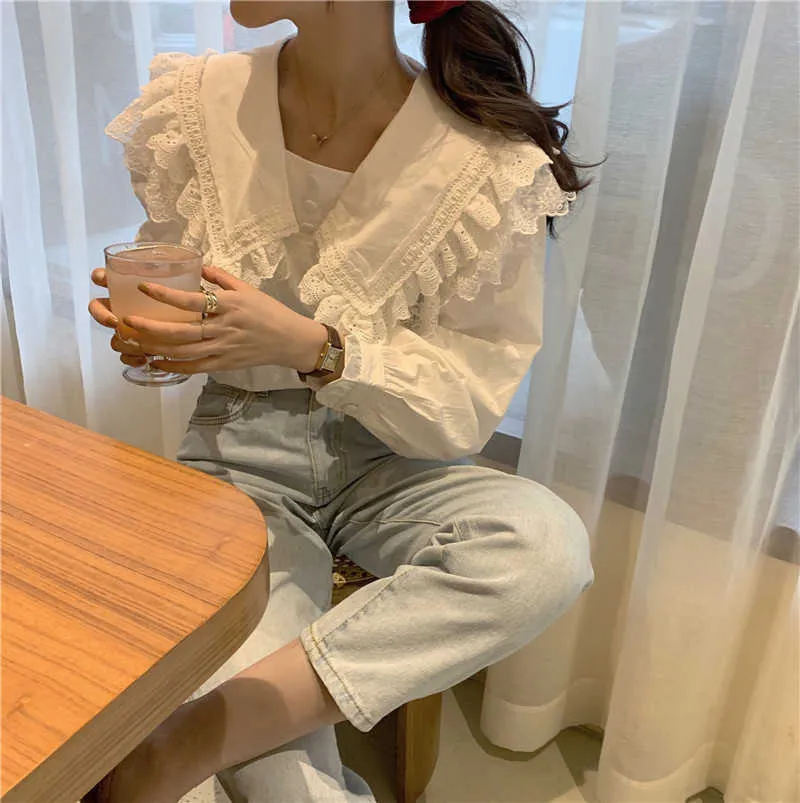 디자이너 가을 러프 인형 칼라 솔리드 탑스 여성의 흰 셔츠 블라우스 플레어 긴 소매 사무실 느슨한 셔츠 210608