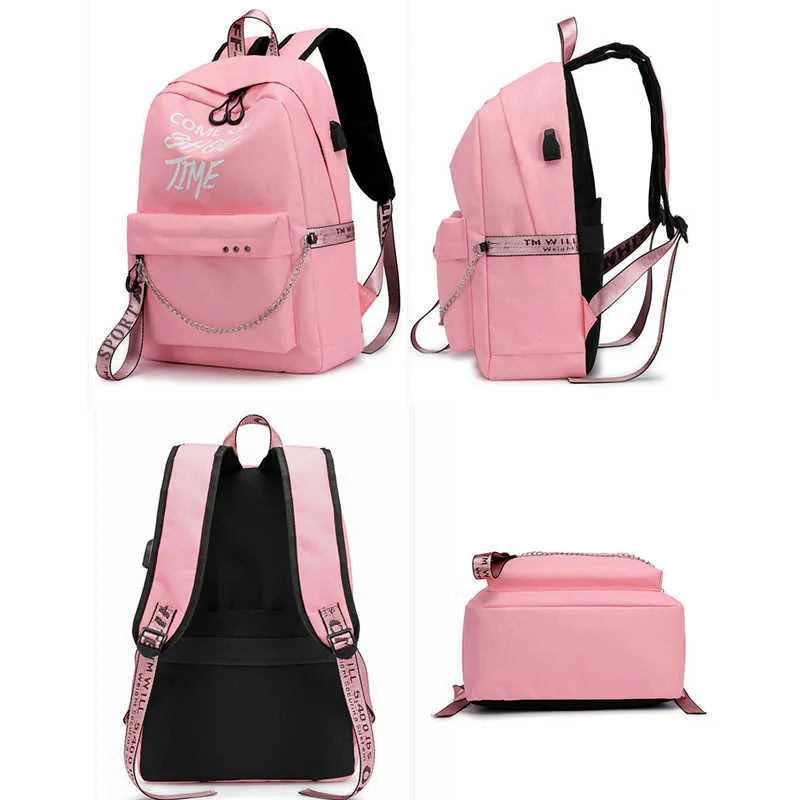 Winmax Luminous USB Charge kobiety plecak mody litery drukuj szkolna torba nastolatka dziewczęta wstążki plecak mochila sac a dos 210922