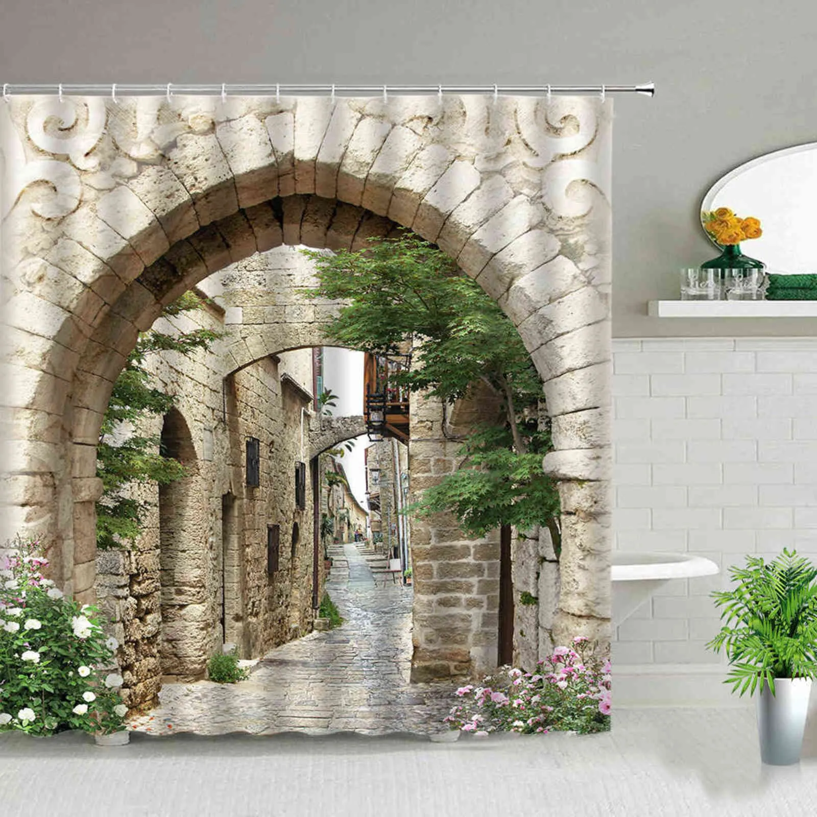 3D europeo rurale città strada paesaggio stampa tenda da doccia tende da bagno poliestere impermeabile decorazioni la casa con ganci 211116