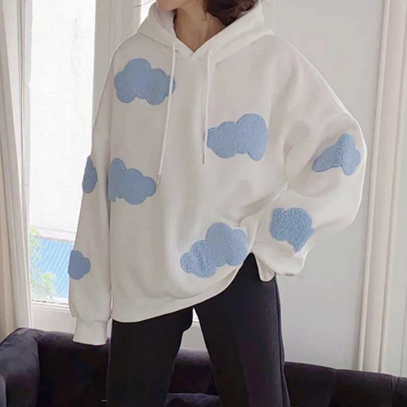 Koreanska sweatshirt kvinnor vinter mode moln pullover plus sammet varma långärmad toppar casual hoodies kawaii kvinnlig 210803