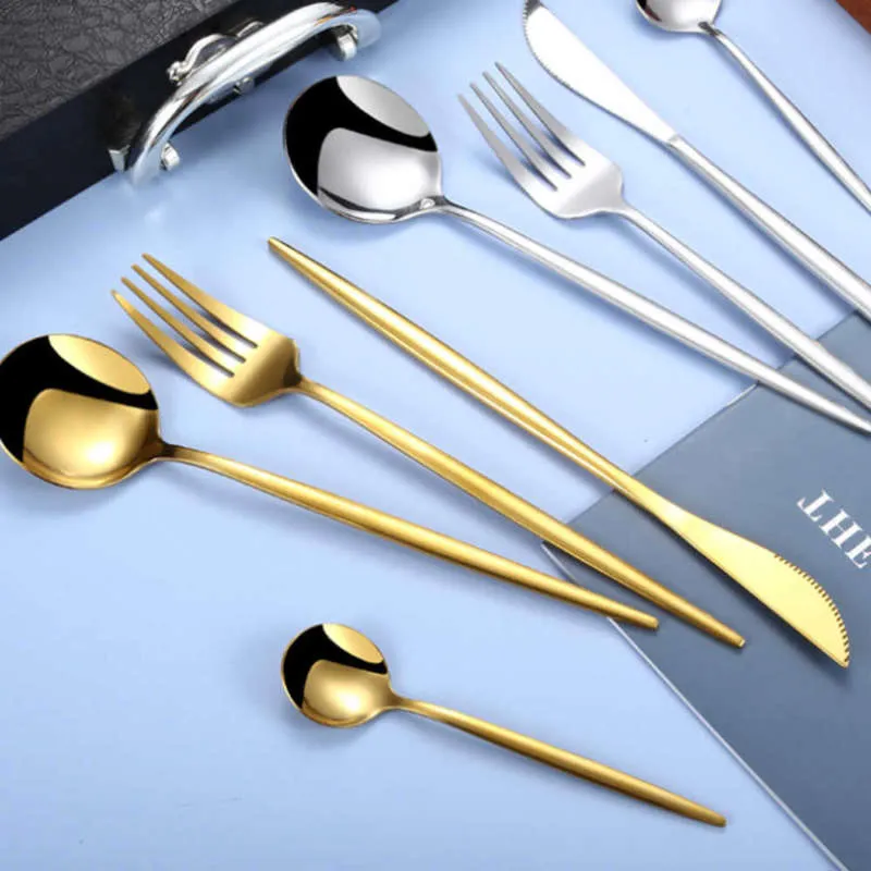 Gold Dinnerware Stainless Steel Tableware Set Knife Fork Spoon Western Silverware Cutlery kitchen utensils sets 210928