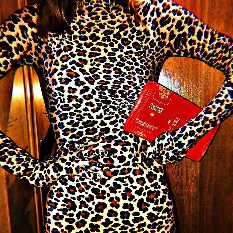 Klub Kot Kobieta Leopard Drukuj Sukienka Z Długim Rękawem Turtleneck Seksowne Suknie Jesień Kobieta Wysoka Talia Nightclub Bodycon Vestido 210709