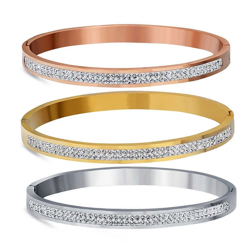 Modyle två rad kristall rhinestone pave rostfritt stål Armband Bangles för kvinnor mode smycken Bangle tillbehör Q0719