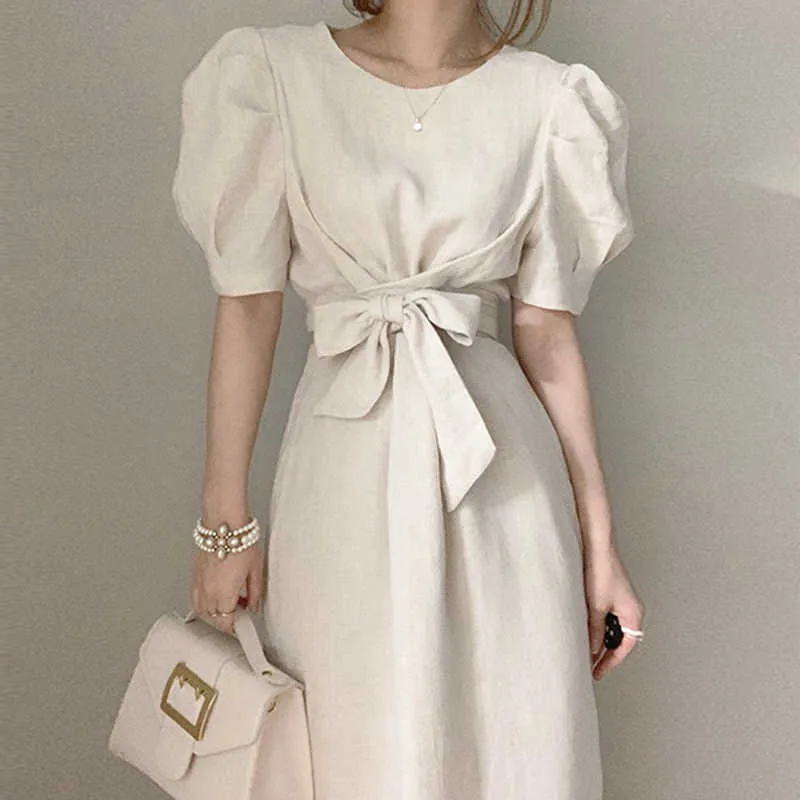 Korejpaa Kobiety Dress Summer Korea Chic Minimalistyczny Temperament Okrągły Neck Krawat Talii Odchudzanie Solid Color Sleeve Puff Sleeve Vestido 210526