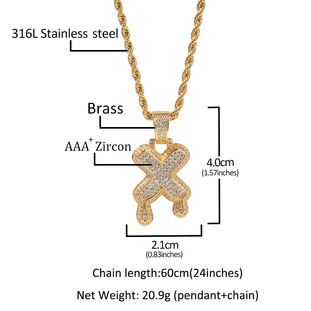 Masculino feminino nova moda diy nome personalizado carta colar banhado a ouro bling gelado para fora cz letras pingente colar com corda de 24 polegadas chai209g