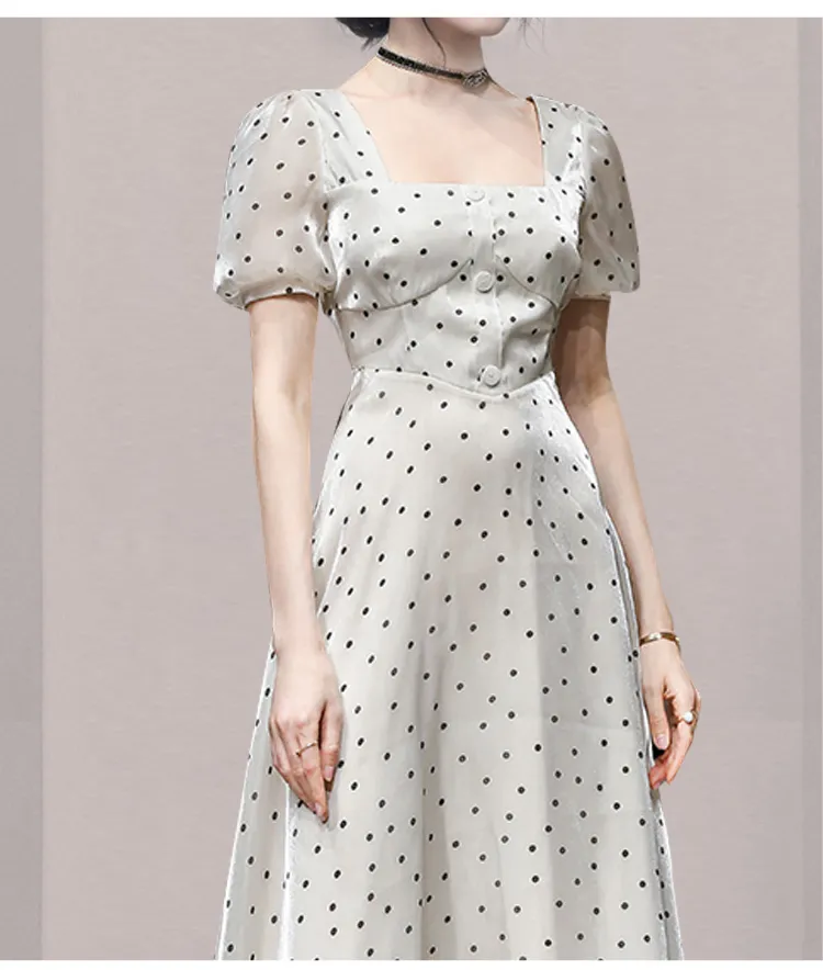 Elegant Temperament Fashion Polka Dot Square Collar Puff Sleeve Vintage High Waist A-Line Party Dress Female Vestidos 210518